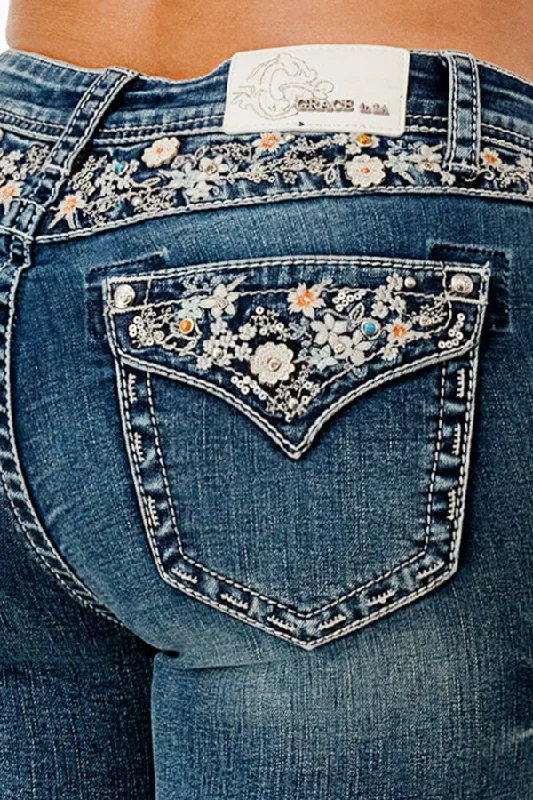 women's denim jeans for travelFloral Embroidered Yoke Detail Mid Rise Bootcut Jeans