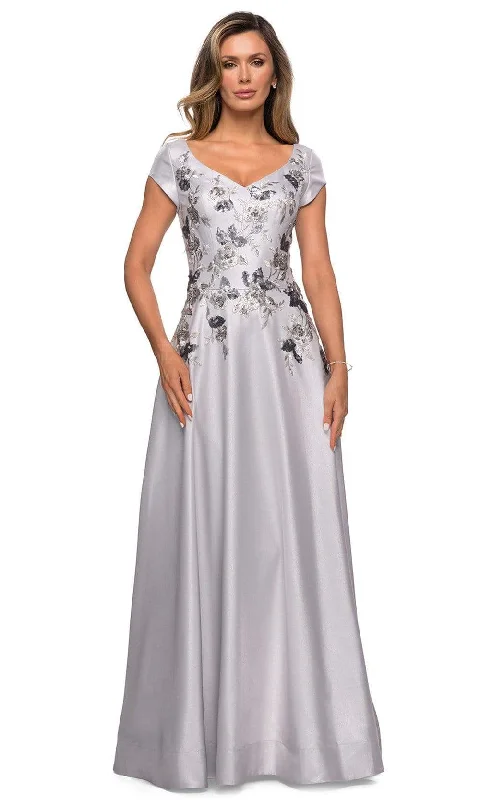 women's casual Friday dressesLa Femme - 28105 Floral Embellished V Neck Evening Gown