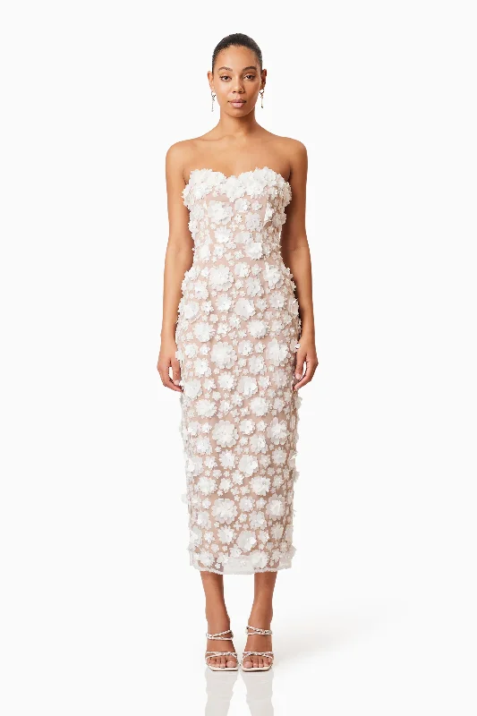 women's travel dressesBluebell Strapless 3D Midi Dress in White