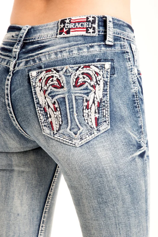 women's denim jeans for formal eventsCross Wings Bootcut Embellished Mid Rise Jeans