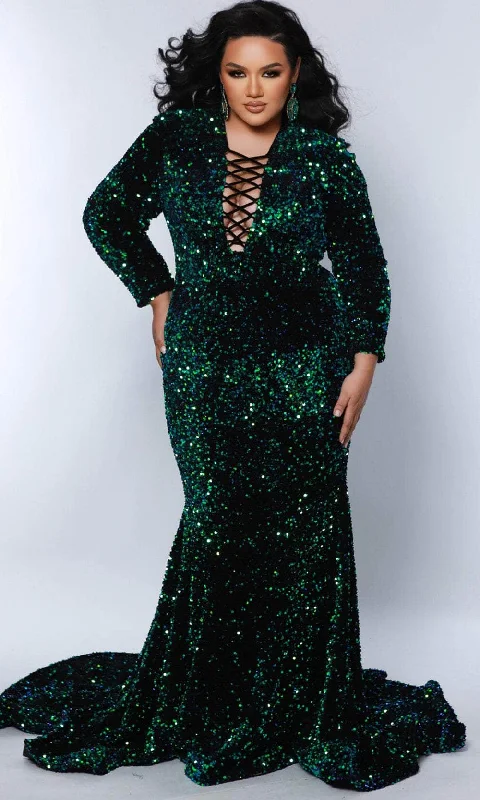 women's sustainable dressesSydney's Closet JK2421 - Long Sleeve Velvet Sequin Evening Dress