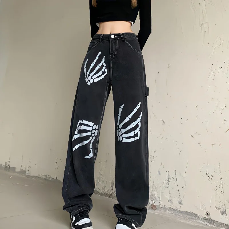 women's denim jeans with elastaneGrunge Skeleton Hand Printed Jeans