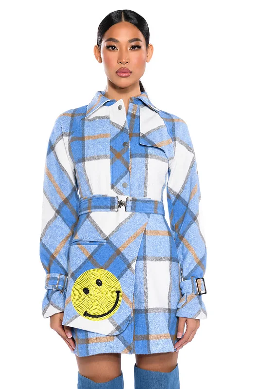 women's travel dressesSMILEY PATCH DETAIL LONG SLEEVE PLAID MINI DRESS