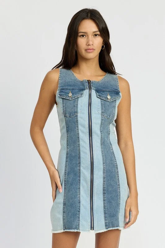 women's white denim jeansCOLOR BLOCK DENIM MINI DRESS