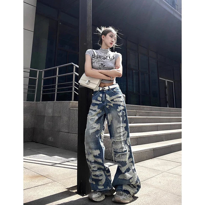 women's leggingsHollow Out Y2K High Waist Wide Leg Denim Pants