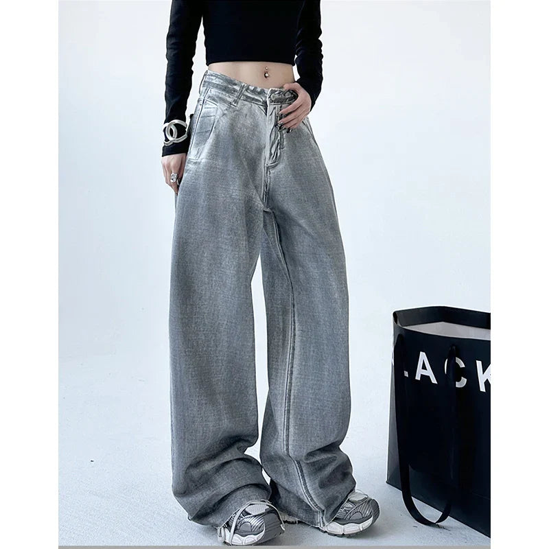 women's polyester pantsAmerican Vintage Streetwear High Waist Straight Denim Pants