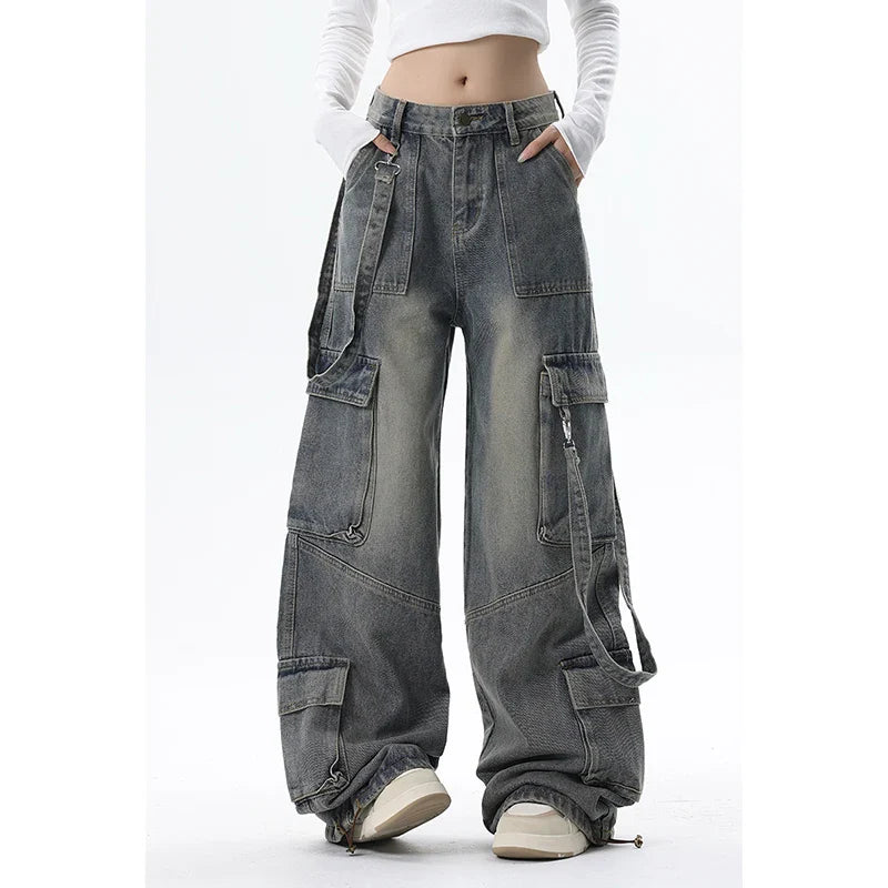 women's distressed pantsStreetwear High American Y2K Wide Leg Cargo Pants