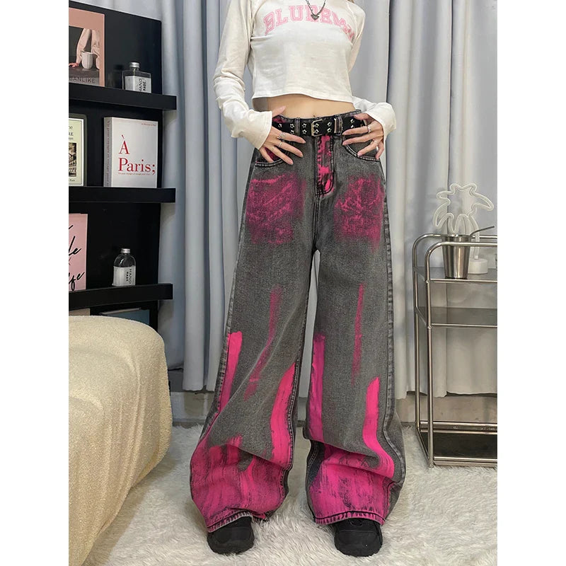 women's wide-leg pantsVintage High Waist American Printing Baggy Pants