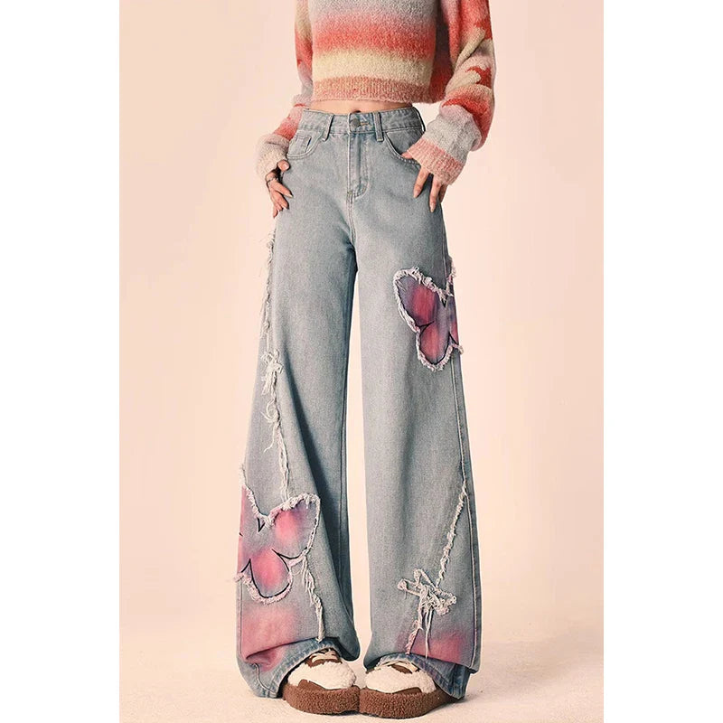 women's breathable pantsStreetwear Embroidery Wide Leg Denim Pants