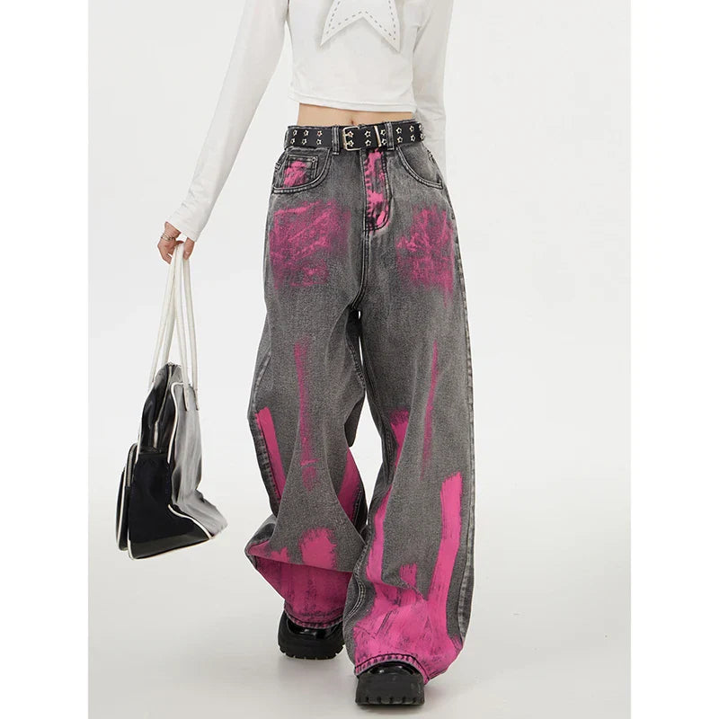 women's solid-color pantsRetro Streetwear High Waist Wide Leg Jeans Pants