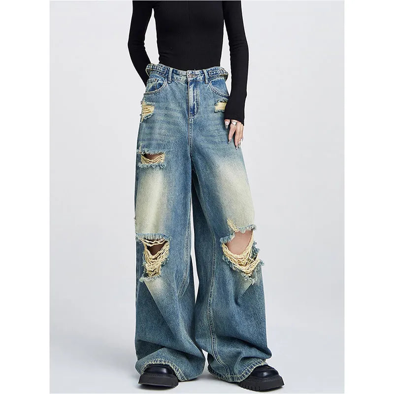 women's solid-color pantsRipped Summer American Retro Wide Leg Pants