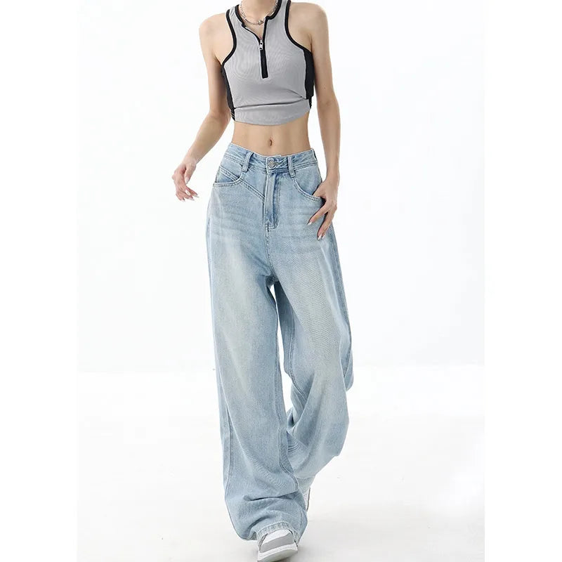 women's wedding pantsRetro Design High Waist Loose Wide Leg Denim Pants