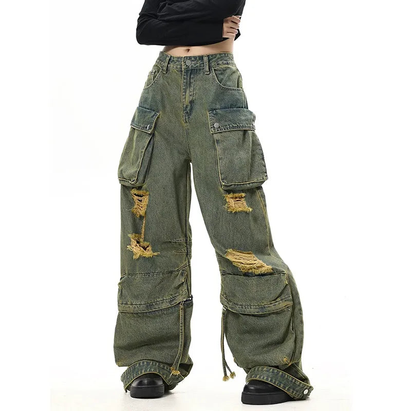 women's leggingsGreen Y2K Vintage Streetwear Baggy Denim Pants