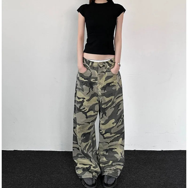 women's petite pantsCamouflage Low Waist Loose Wide Leg Pants