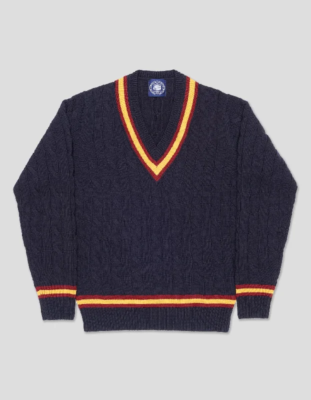 women's easy-to-wear dressesMERINO WOOL CRICKET CABLE V-NECK SWEATER - NAVY