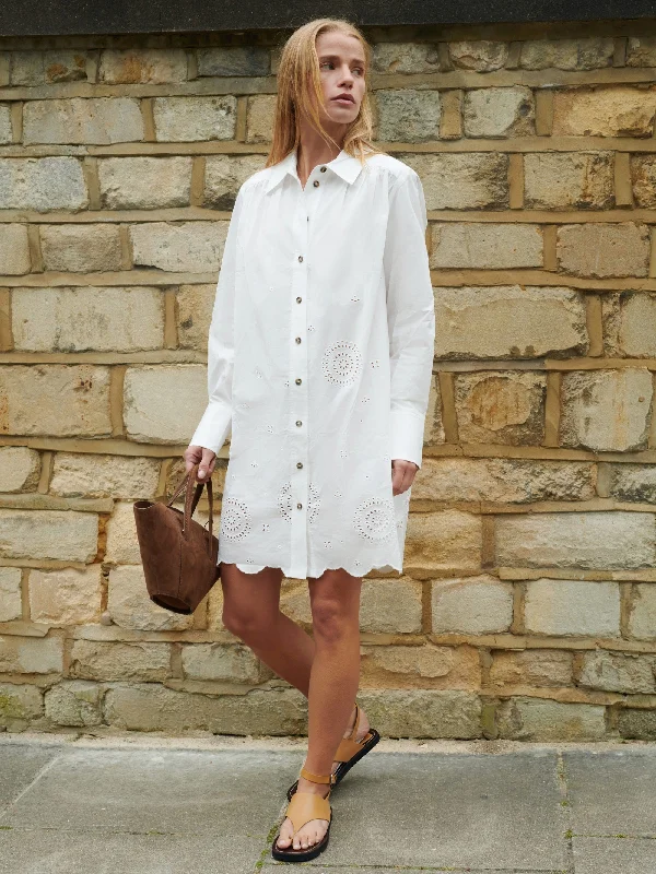 women's business casual dressesWhite Laser-Cut Hem Shirt Dress