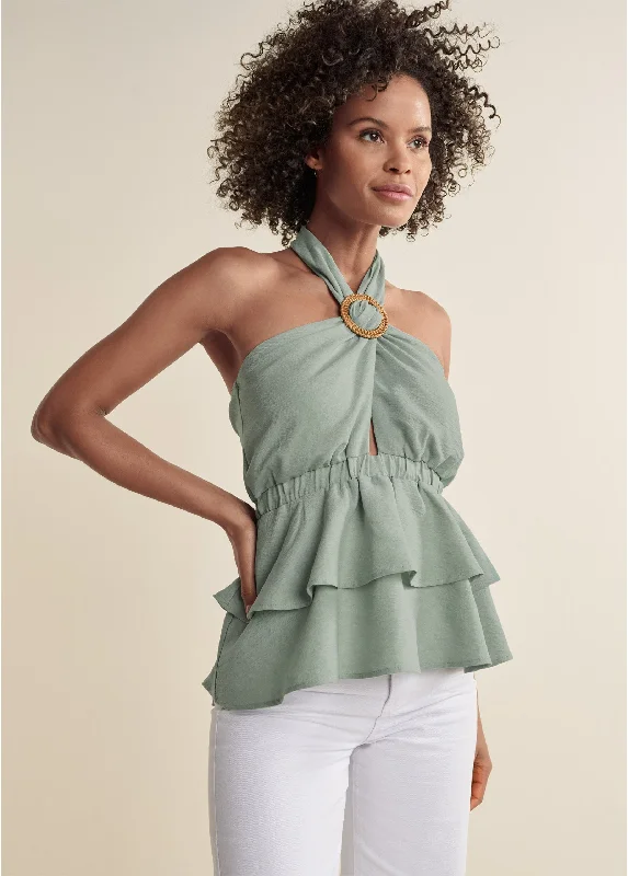 women's maxi dressesRing Trim Tiered Halter Top - Light Green