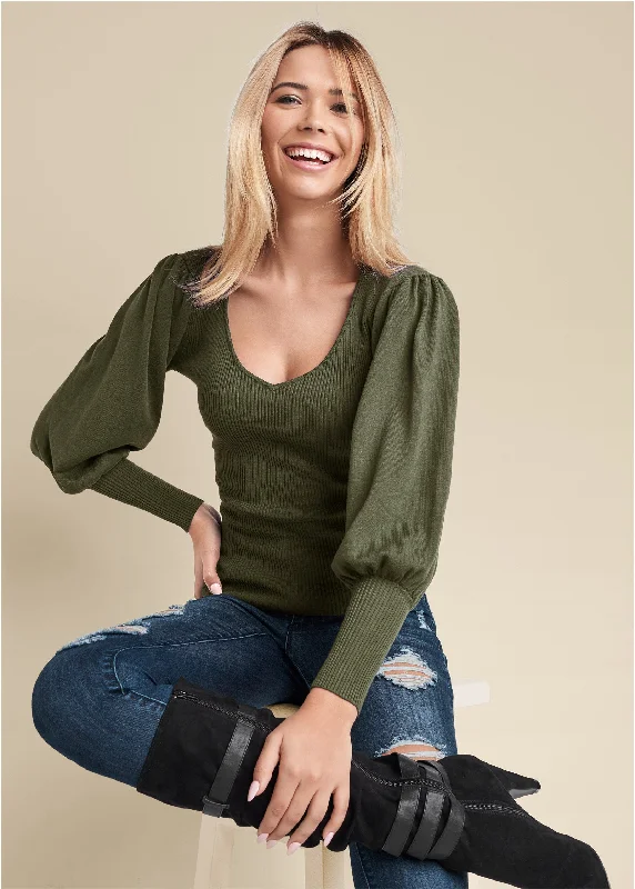 women's empire-line dressesPuff Sleeve Sweater - Olive