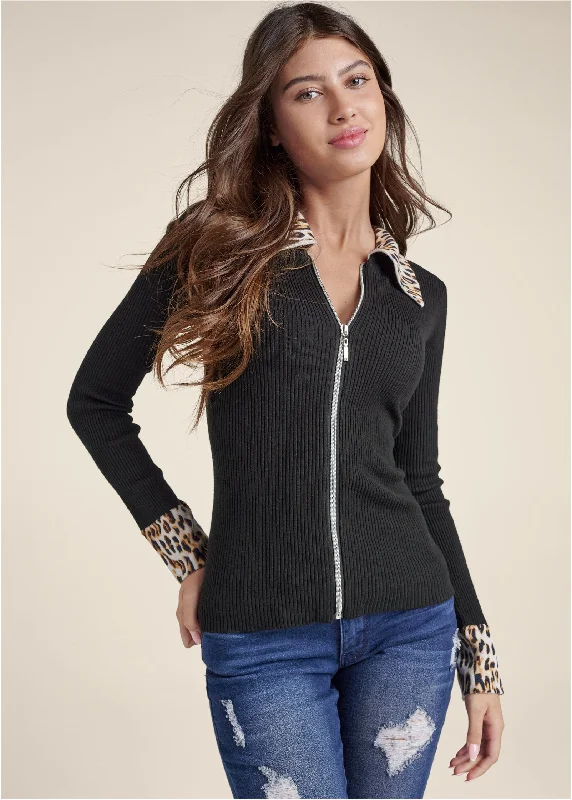 women's retro dressesZipper Front Cardigan  - Black Multi