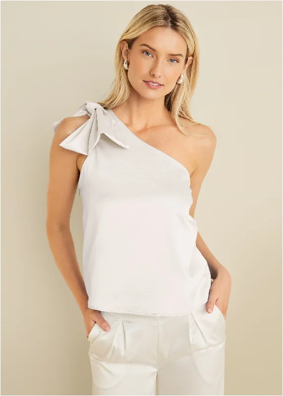 women's flutter-sleeved dressesBow Detail One-Shoulder Top - Off White