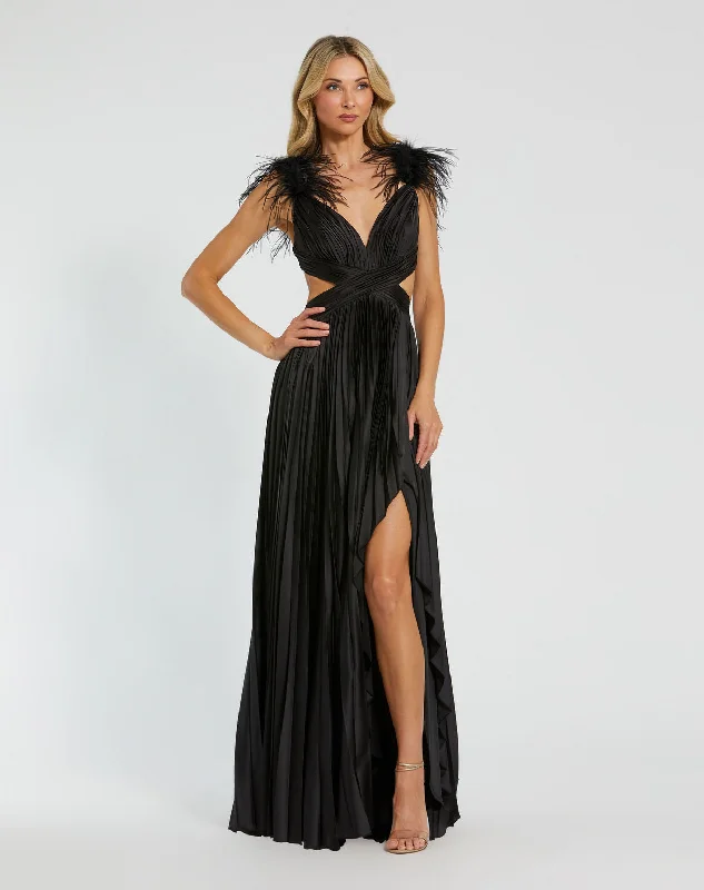 women's cocktail dressesMac Duggal 116871 Long Pleated Formal Feather Prom Dress