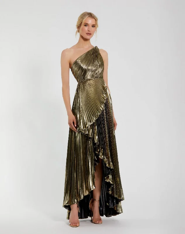 women's high-end dressesMac Duggal 49910 Pleated Metallic High Low Prom Formal Dress