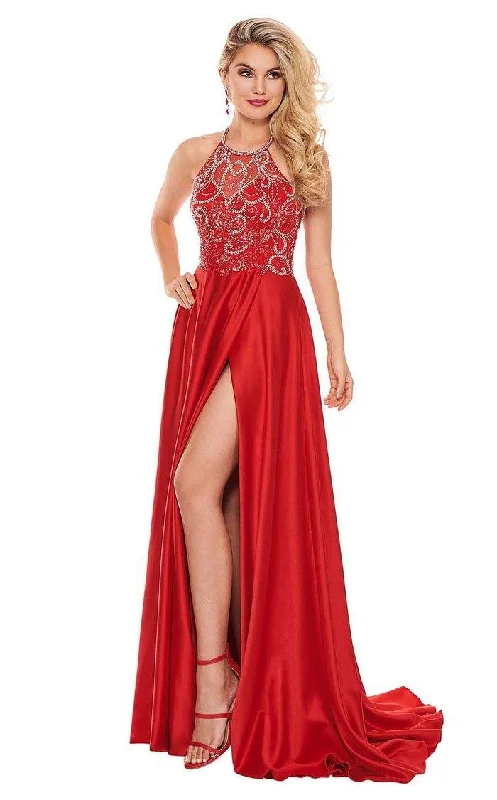 women's wedding guest dressesRachel Allan Prom Beaded Halter Long Dress 6487