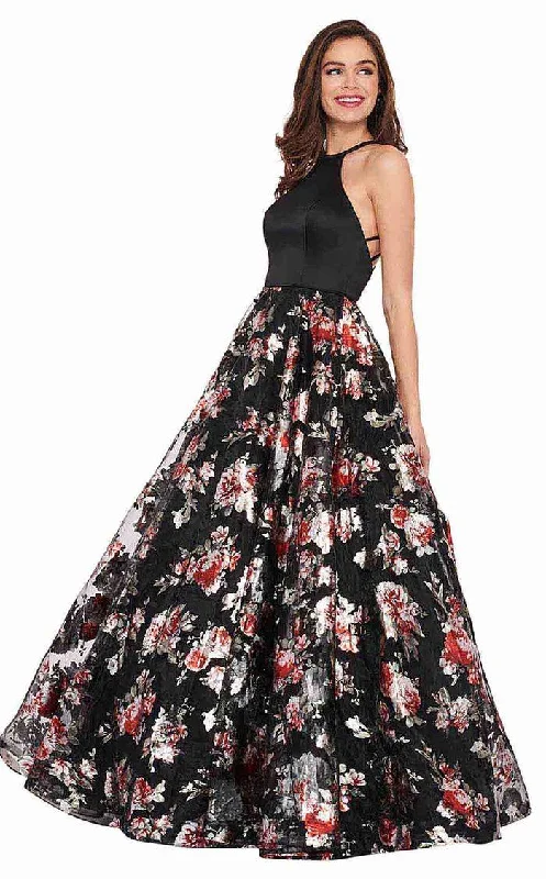 women's flutter-sleeved dressesRachel Allan Prom Long Halter Floral Ball Gown 6581