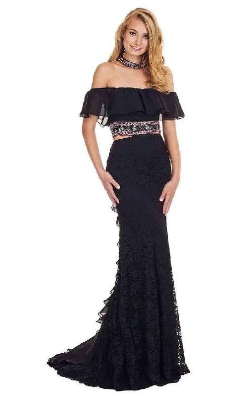 women's sustainable dressesRachel Allan Prom Long Off Shoulder Lace Dress 6563