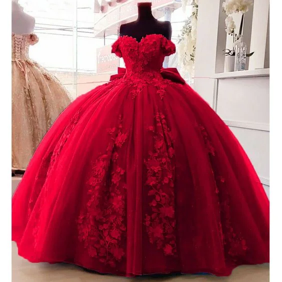 women's vintage dresses3D Floral Off Shoulder 2025 Red Quinceanera Dresses Sweet 16 Gowns