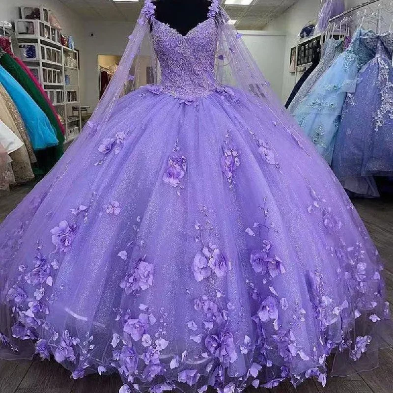 women's shift dressesBall Gown 2025 Quinceanera Dresses Purple With Cape 3D Flowers Tulle Sweetheart