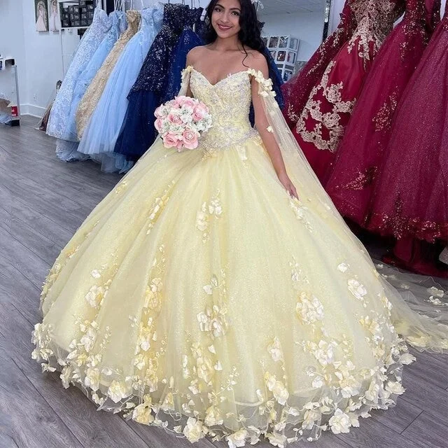 women's casual Friday dressesYellow Quinceanera Dresses Sweetheart With Cape Ball Gowns XV 3D Flowers Tulle