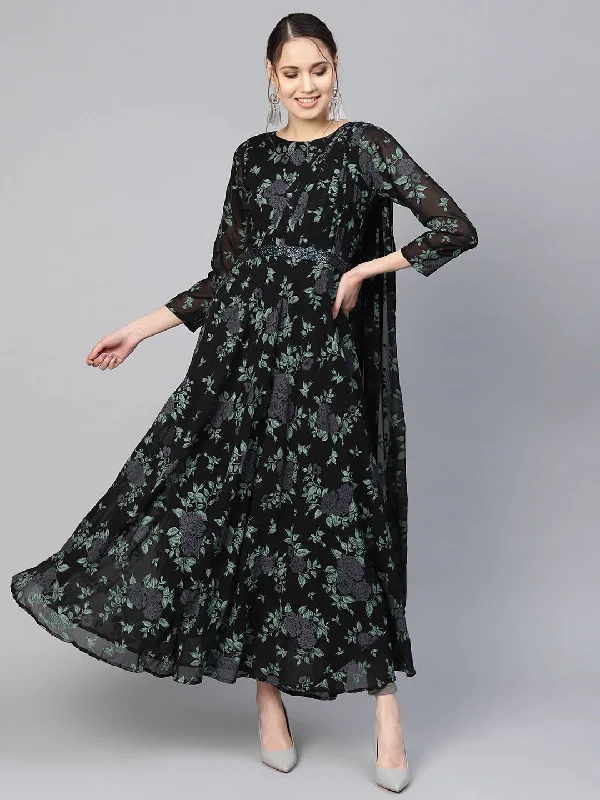 women's halter dressesAhalyaa Women'S Black Georgette Floral Printed Gown