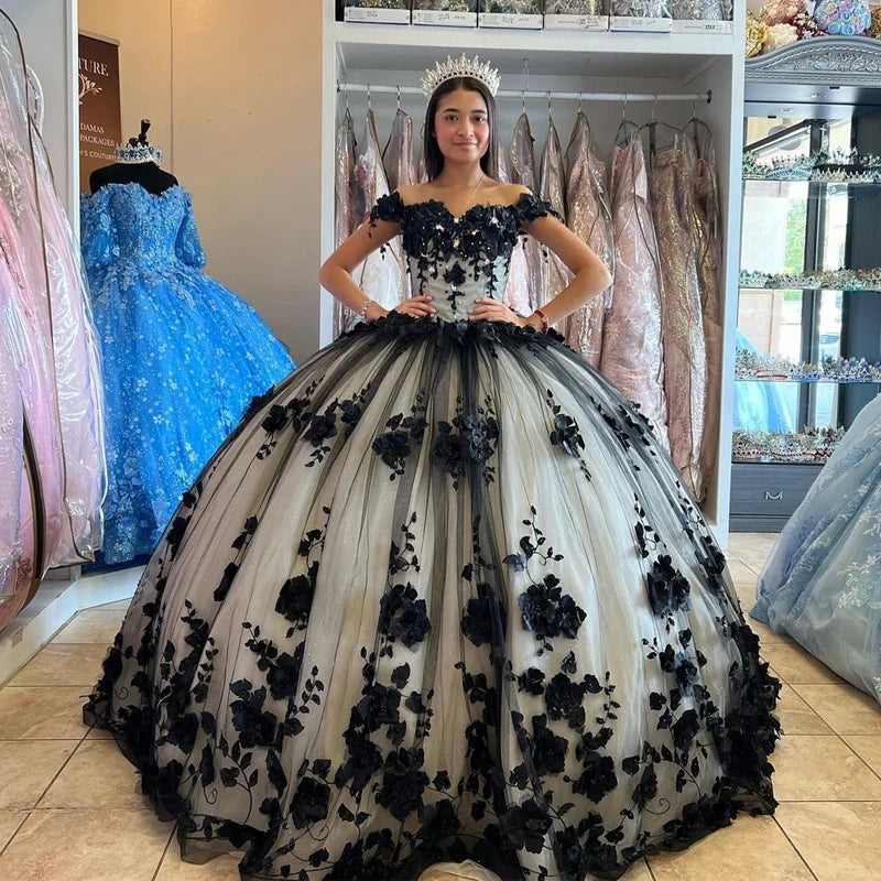 women's hourglass figure dresses2025 Ball Gown 15 Black Quinceanera Dresses Crystal With 3D Flowers Girl Birthday Dress