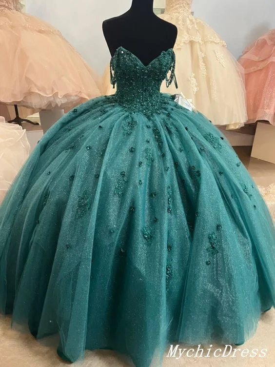 women's ball gown dressesBall Gown Beaded Green 2025 Vintage Quinceanera Dress Graduation Dresses