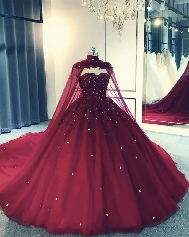 women's mother of the bride dresses2025 Ball Gown Vintage Burgundy Quinceanera Dresses Lace with Cape