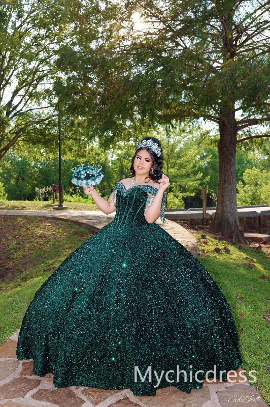 women's floral dressesBall Gown Emerald Green Sequin Quince Dresses Off the Shoulder