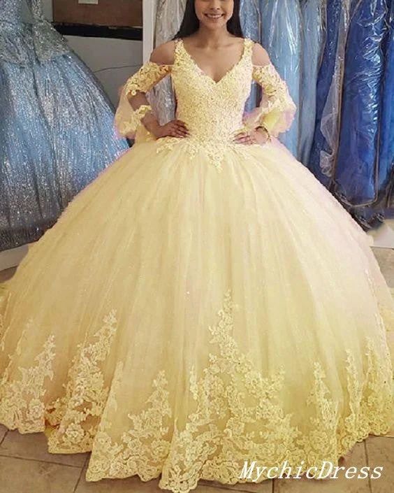 women's A-line dresses2025 Ball Gown Lace Yellow Quince Dresses Cheap Long Sleeves Tulle Sweet 16 Dress