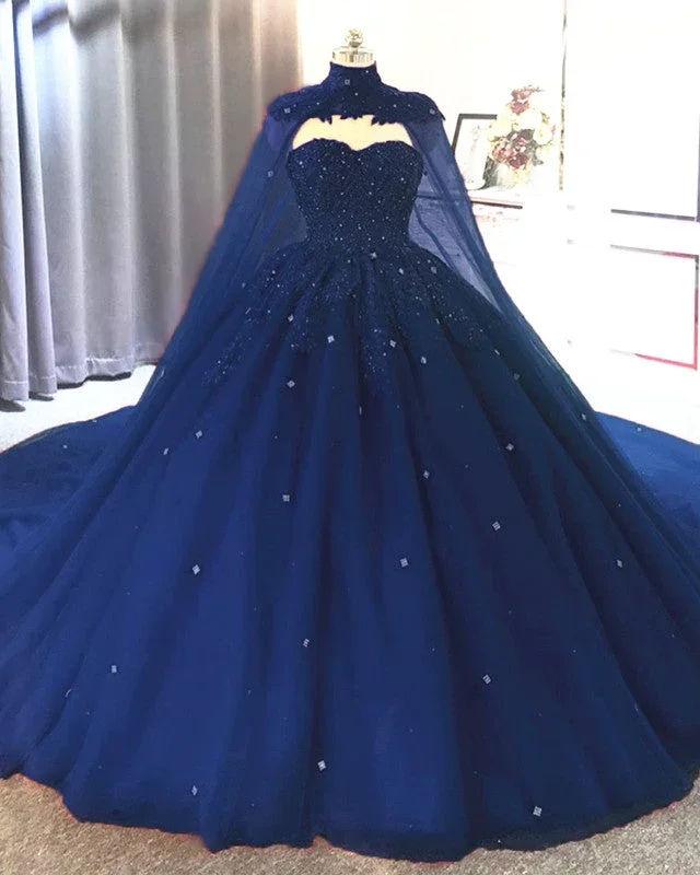 women's unique dressesBall Gown 2025 Navy Blue Tulle Lace Crystals Quinceanera Dresses With Cape