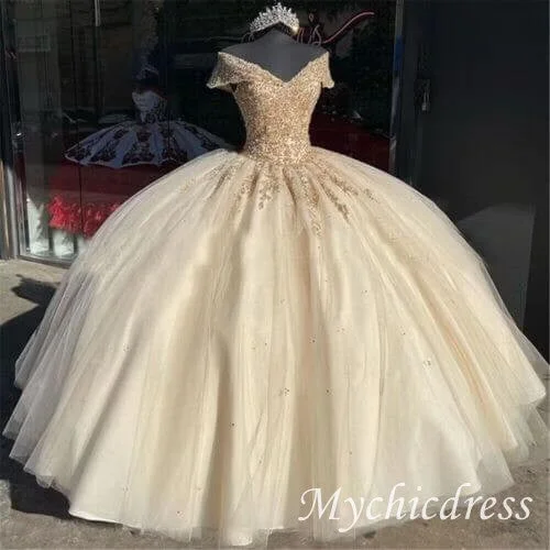 women's stretch dressesBall Gown Off the Shoulder Gold Lace Quinceanera Dresses 2025