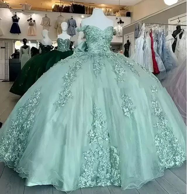 women's everyday dressesBall Gown Sage Green Quinceanera Dresses Lace Applique Off the Shoulder