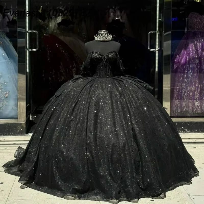 women's striped dressesBall Gown Shiny Black Quinceanera Dress Beaded Crystal Bow