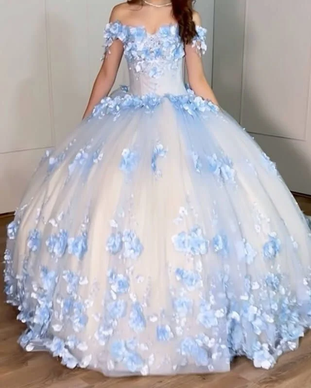 women's lace-up dressesBall Gown Sweet 16 Dress Light Blue Flowers Off The Shoulder Quinceanera Dresses