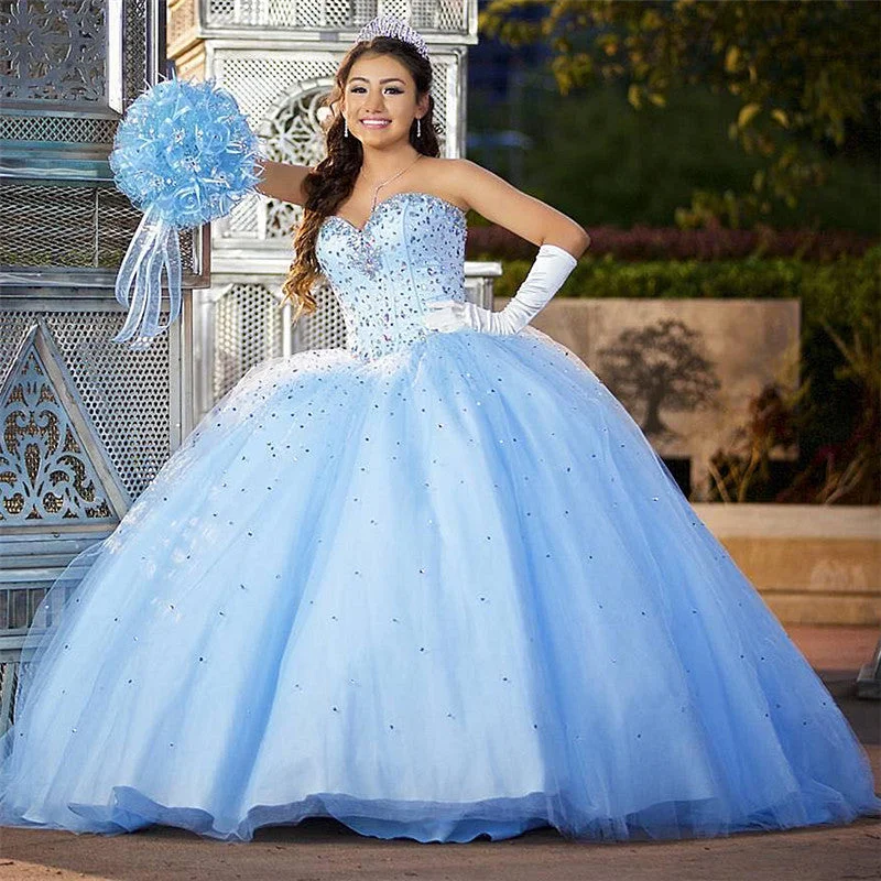 women's striped dressesBall Gown Sweet 16 Dresses Sweetheart Beadings Blue Quinceanera Dresses