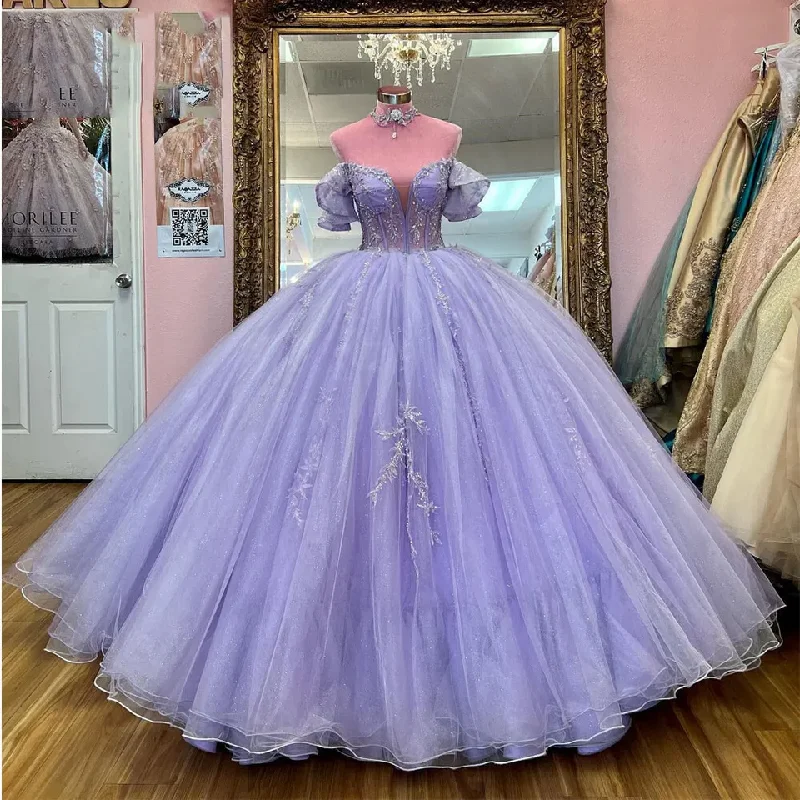 women's cinched-waist dressesBeaded Tulle Lavender Quinceanera Dresses Ball Gown Sweet 16 Dress