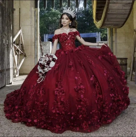 women's solid color dressesBurgundy Quince Dress Flowers Ball Gown Sweetheart Off the Shoulder