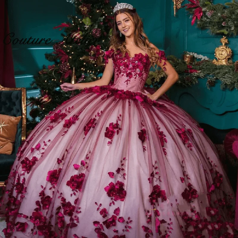 women's ruffle dressesBurgundy vestidos de quinceanera 15 16 Dresses 3D floral Birthday Gowns