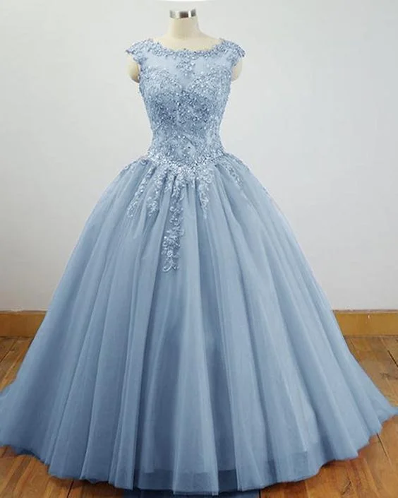 women's satin dressesCharming Blue Sweet 16 Dress Tulle Lace Ball Gown Quinceanera Dress