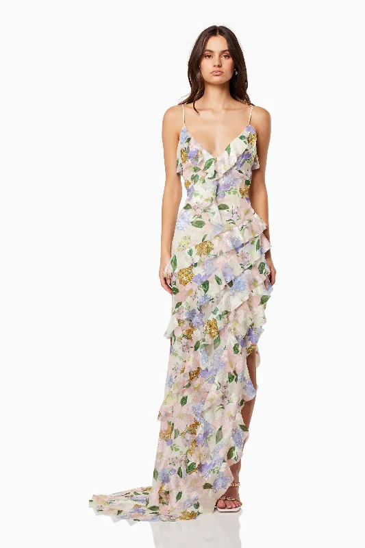 women's cinched-waist dressesCosima Asymmetrical Gown In Florals