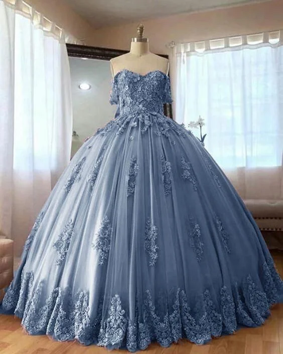 women's velvet dressesDusty Blue Lace Quinceanera Dresses Ball Gowns Sweet 16 Dress